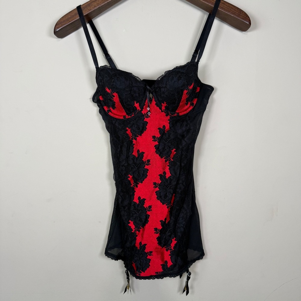 Victoria's Secret Very Sexy Seduction Black Red Lace Garter Slip Dress 34B